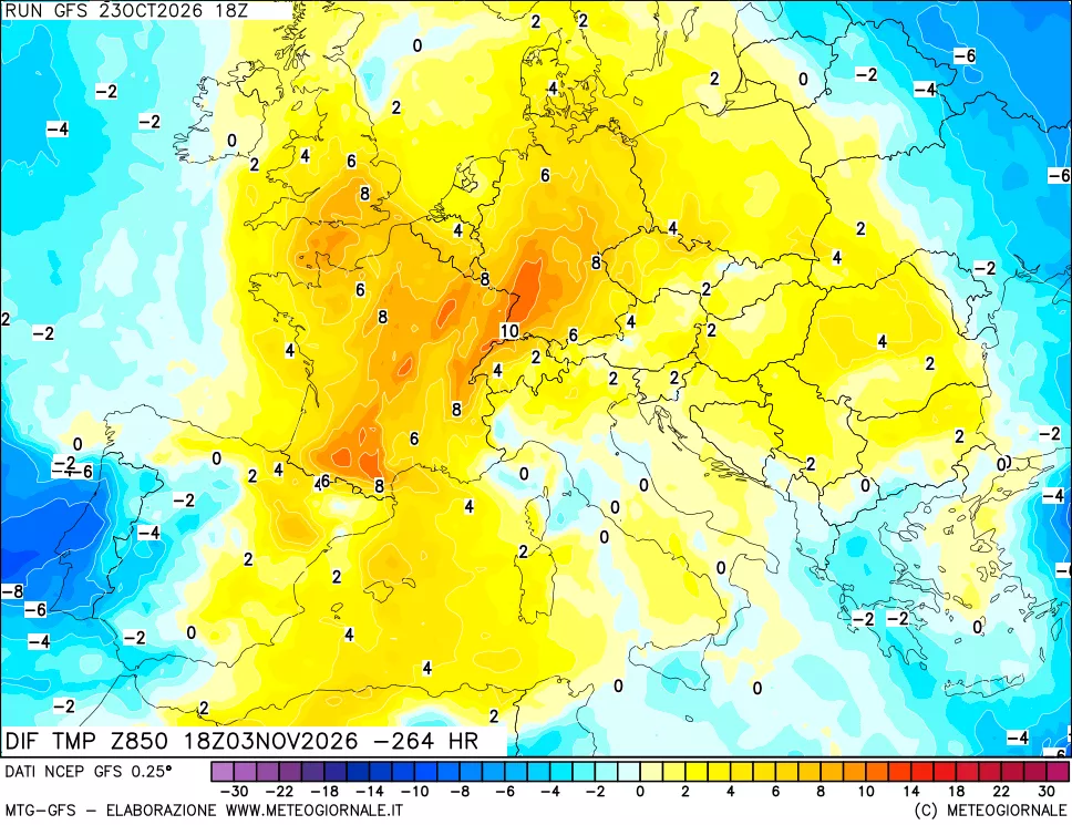 mappa Dif. Temp a 850 hPa Valid - Init