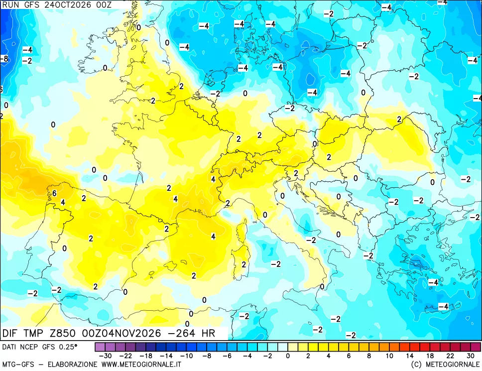 mappa Dif. Temp a 850 hPa Valid - Init