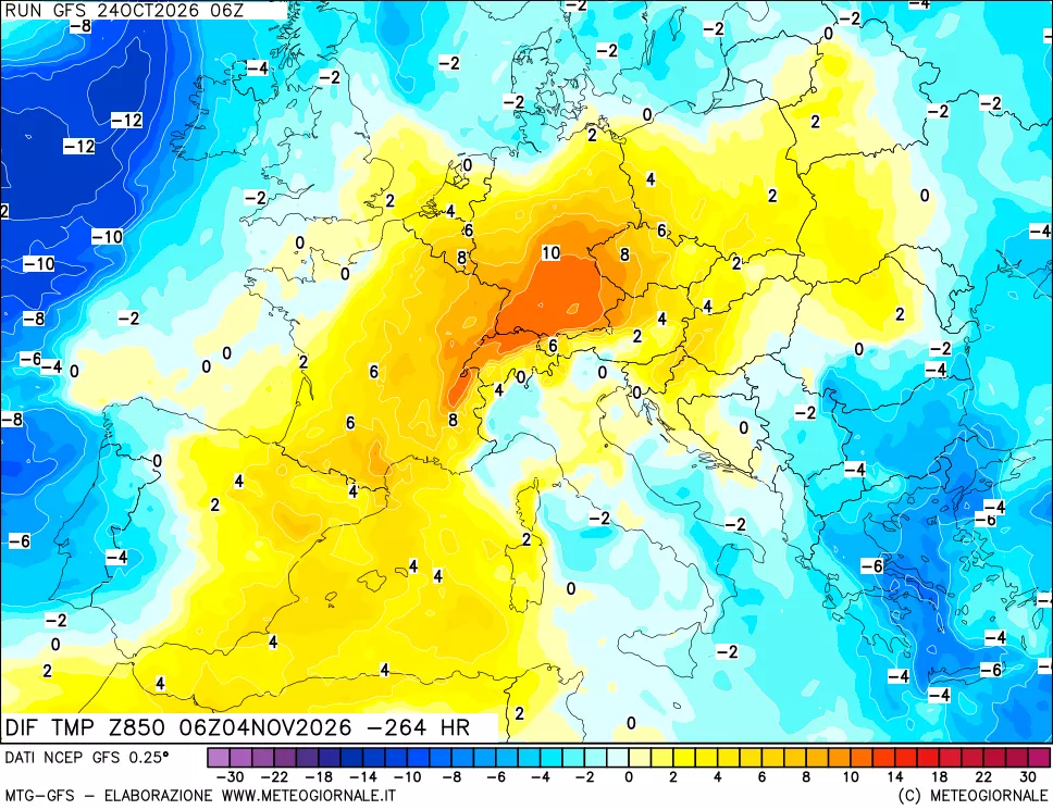 mappa Dif. Temp a 850 hPa Valid - Init