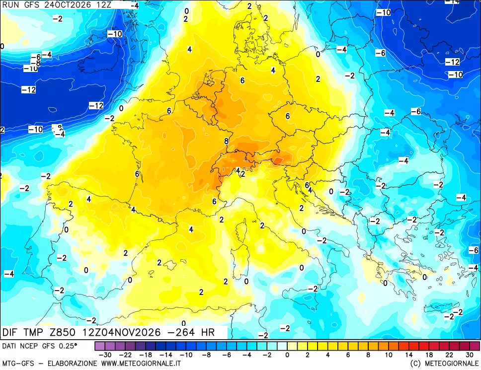 mappa Dif. Temp a 850 hPa Valid - Init