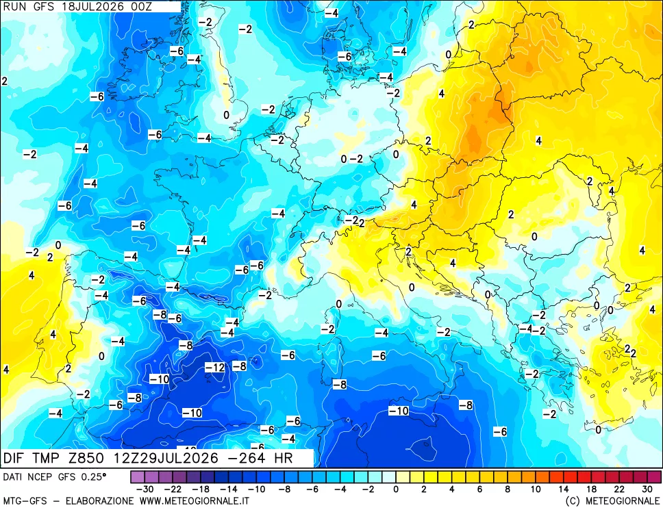 mappa Dif. Temp a 850 hPa Valid - Init