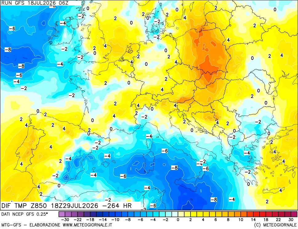 mappa Dif. Temp a 850 hPa Valid - Init