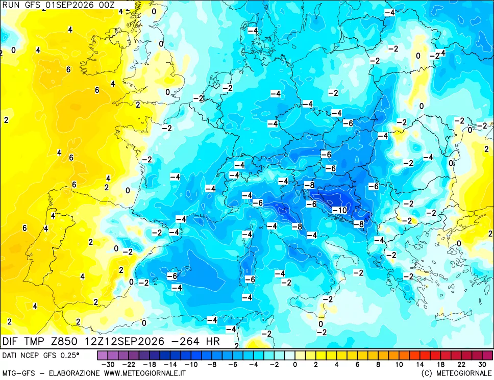 mappa Dif. Temp a 850 hPa Valid - Init