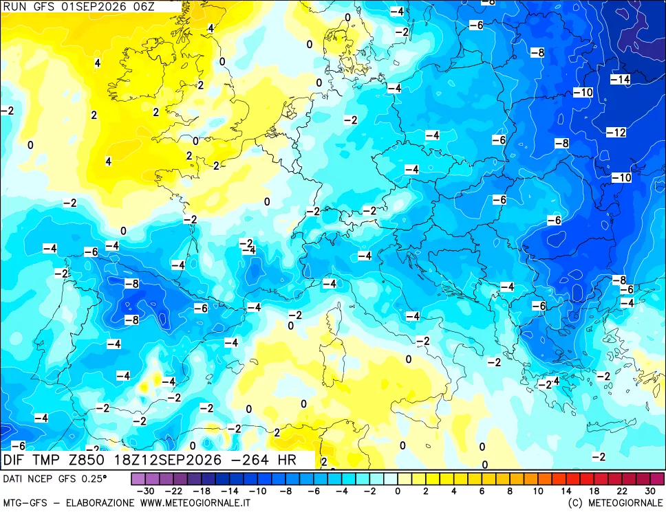 mappa Dif. Temp a 850 hPa Valid - Init