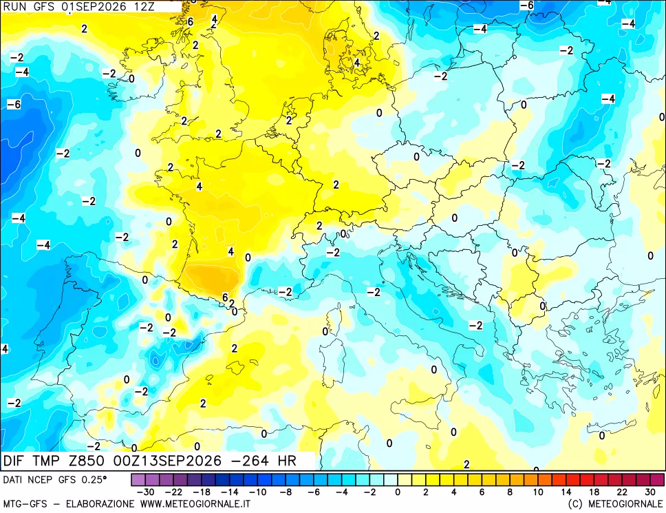 mappa Dif. Temp a 850 hPa Valid - Init