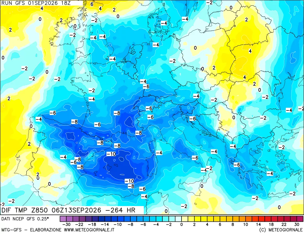 mappa Dif. Temp a 850 hPa Valid - Init