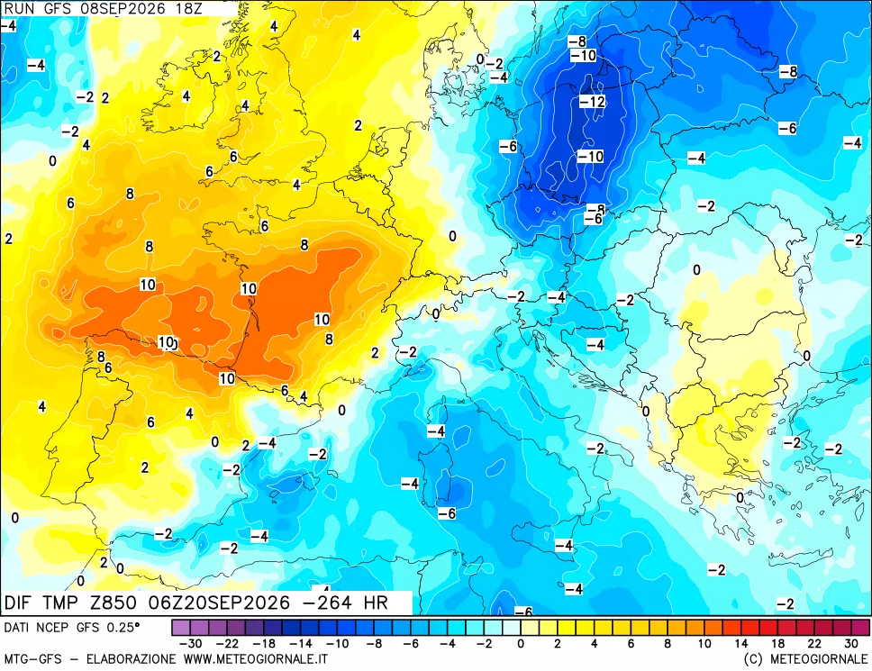 mappa Dif. Temp a 850 hPa Valid - Init