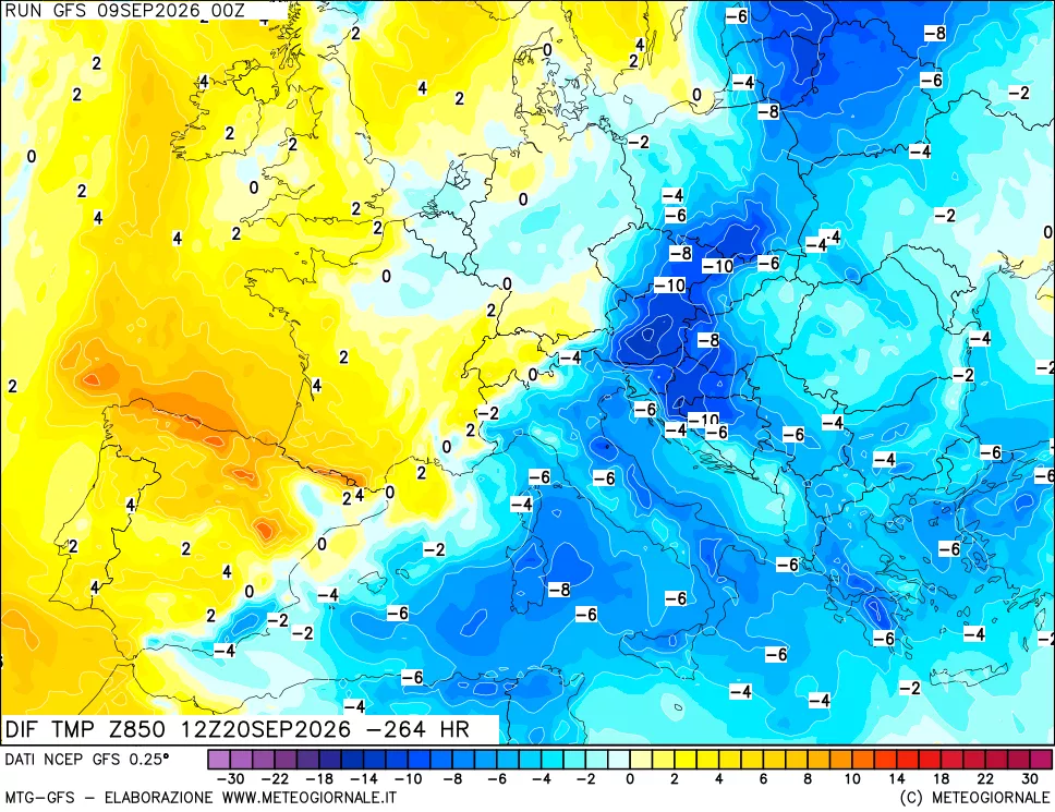 mappa Dif. Temp a 850 hPa Valid - Init