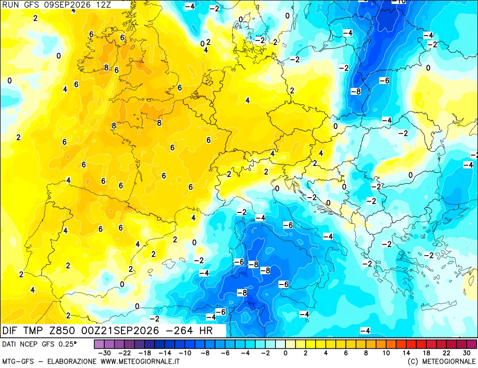 mappa Dif. Temp a 850 hPa Valid - Init