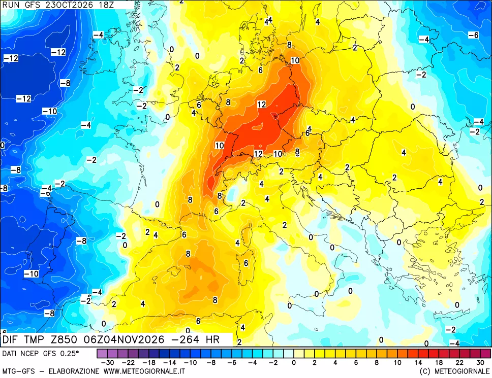 mappa Dif. Temp a 850 hPa Valid - Init