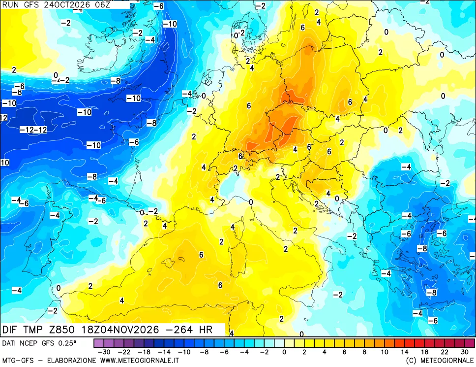 mappa Dif. Temp a 850 hPa Valid - Init