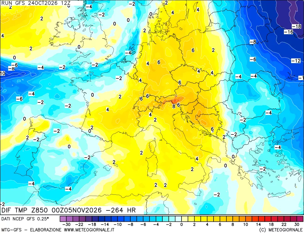 mappa Dif. Temp a 850 hPa Valid - Init