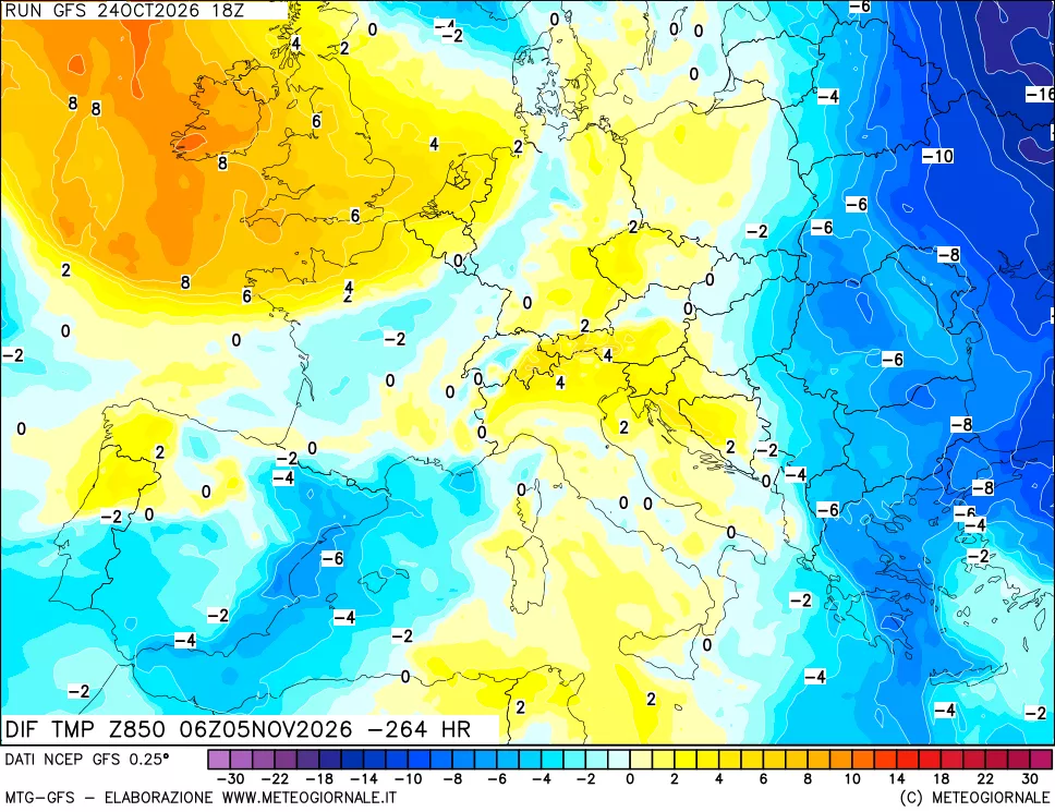 mappa Dif. Temp a 850 hPa Valid - Init
