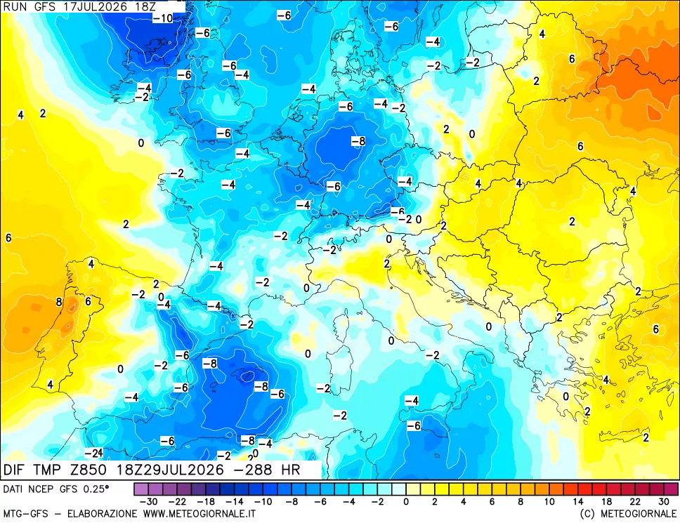 mappa Dif. Temp a 850 hPa Valid - Init