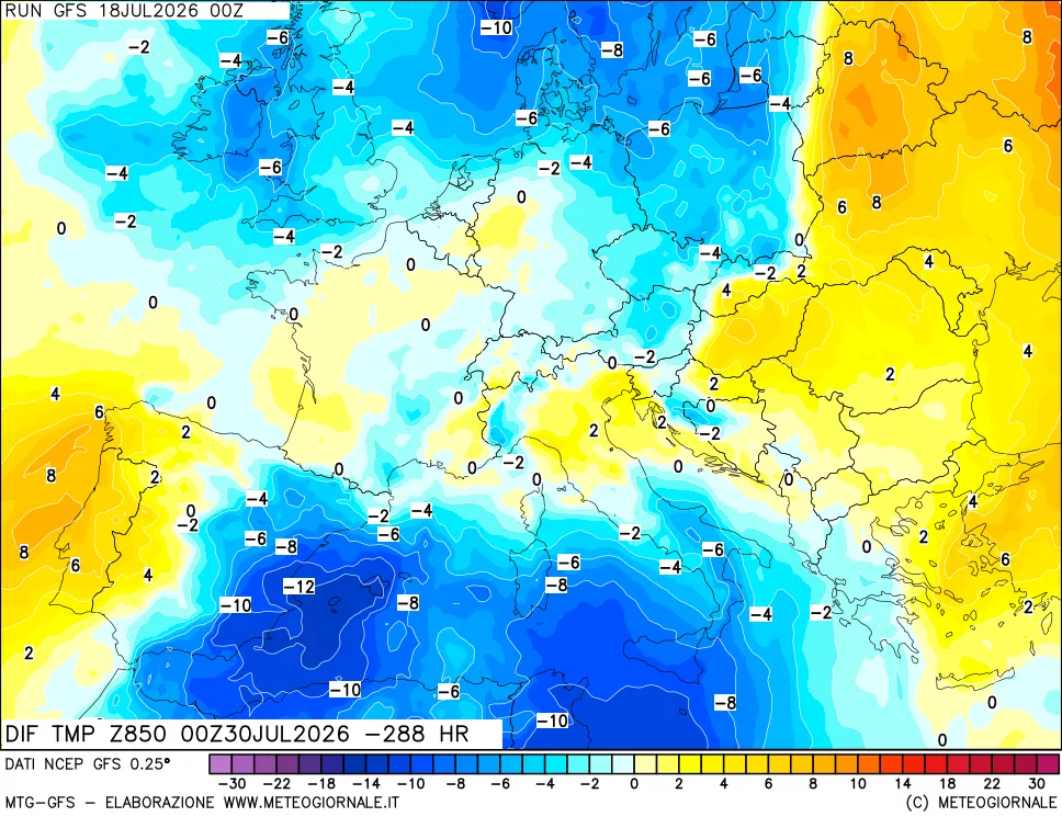 mappa Dif. Temp a 850 hPa Valid - Init