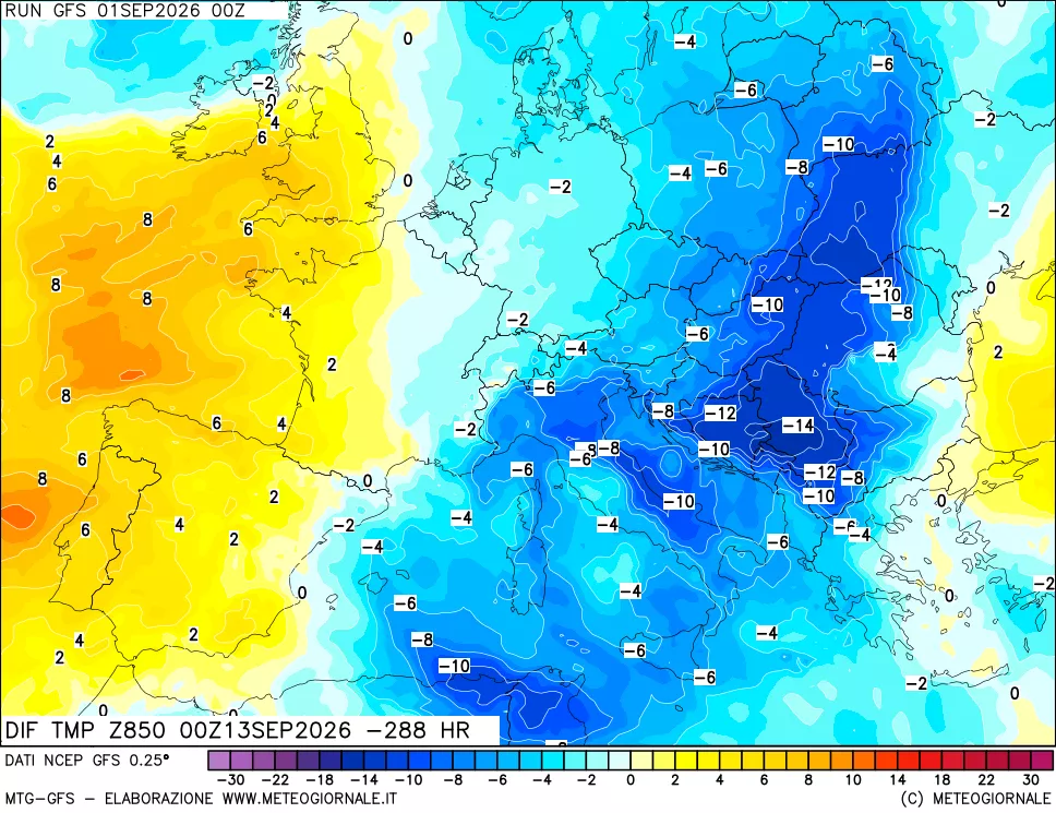 mappa Dif. Temp a 850 hPa Valid - Init