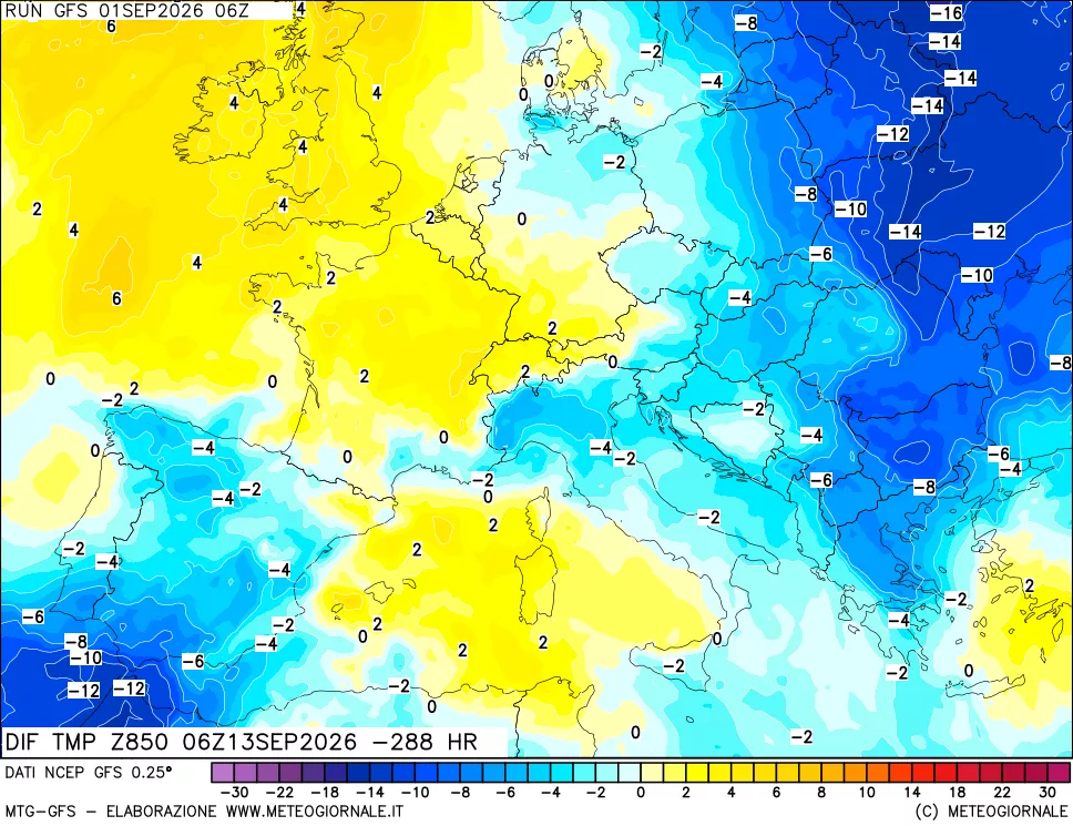 mappa Dif. Temp a 850 hPa Valid - Init