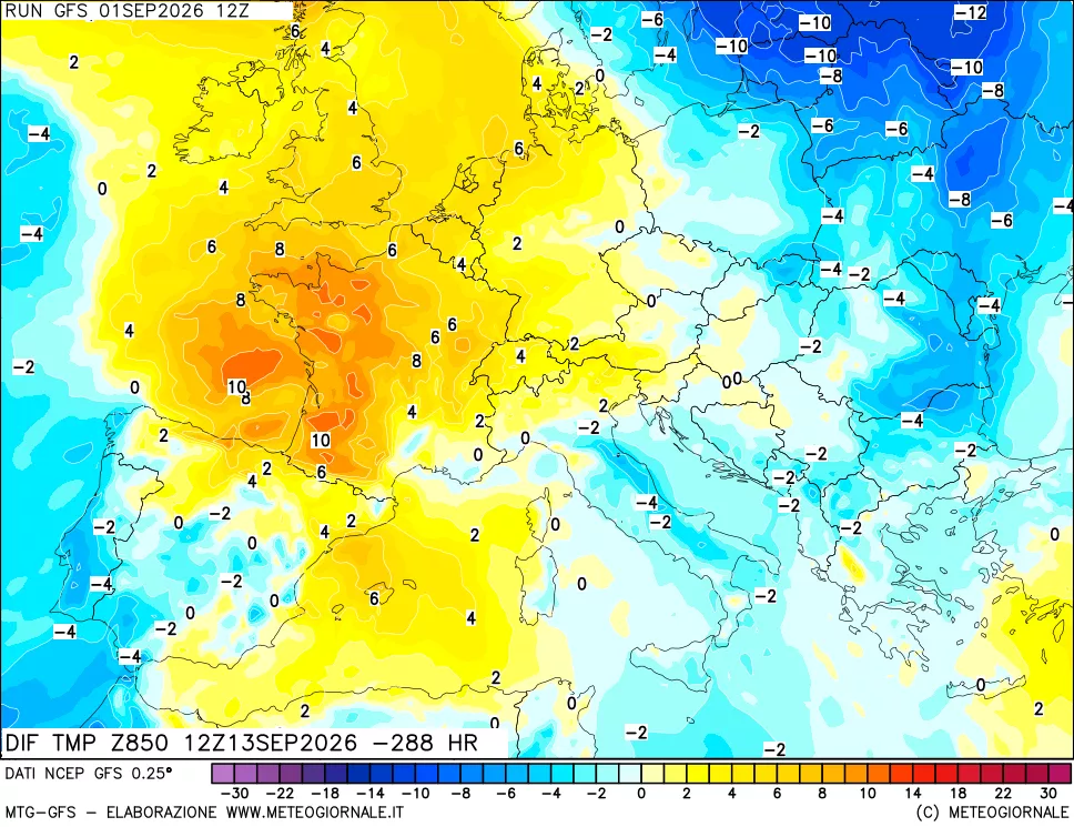 mappa Dif. Temp a 850 hPa Valid - Init