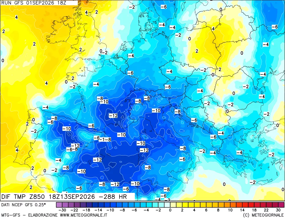 mappa Dif. Temp a 850 hPa Valid - Init