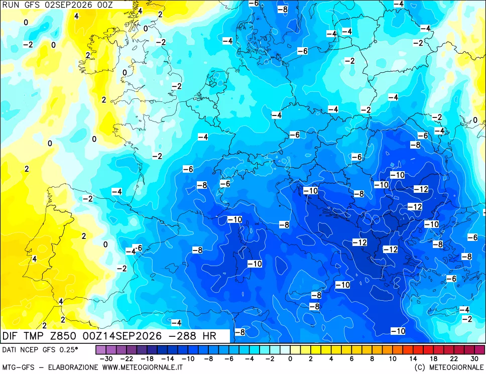 mappa Dif. Temp a 850 hPa Valid - Init