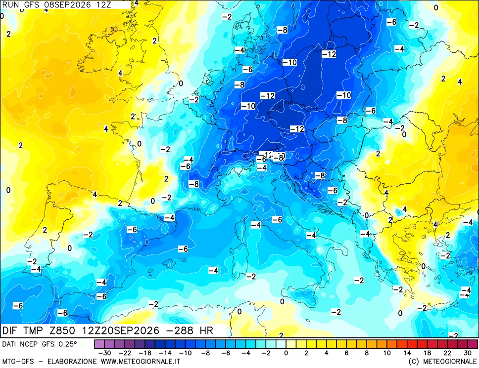 mappa Dif. Temp a 850 hPa Valid - Init