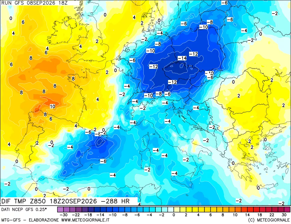 mappa Dif. Temp a 850 hPa Valid - Init