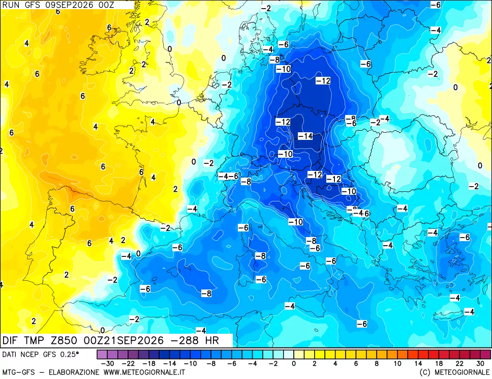 mappa Dif. Temp a 850 hPa Valid - Init