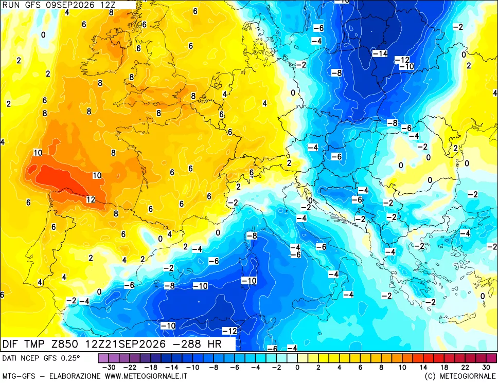 mappa Dif. Temp a 850 hPa Valid - Init
