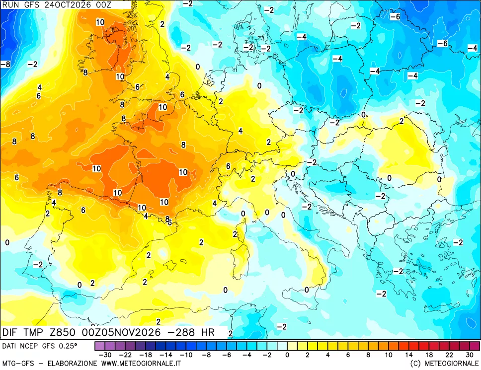 mappa Dif. Temp a 850 hPa Valid - Init