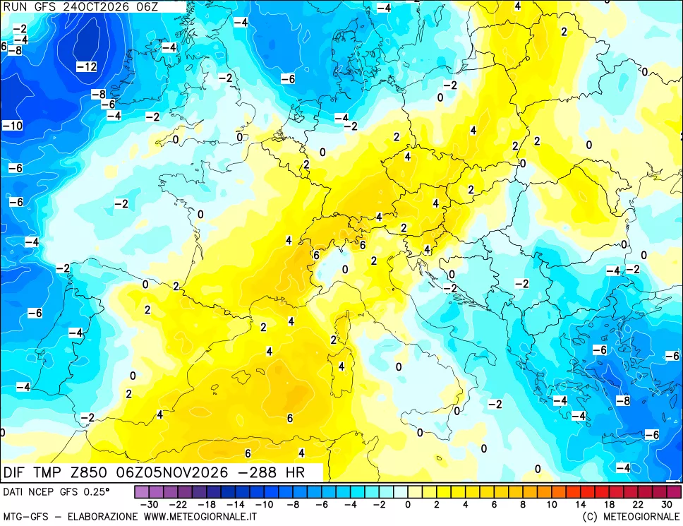 mappa Dif. Temp a 850 hPa Valid - Init