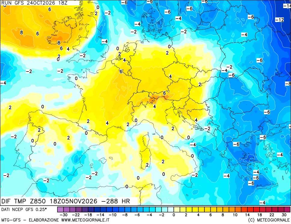 mappa Dif. Temp a 850 hPa Valid - Init