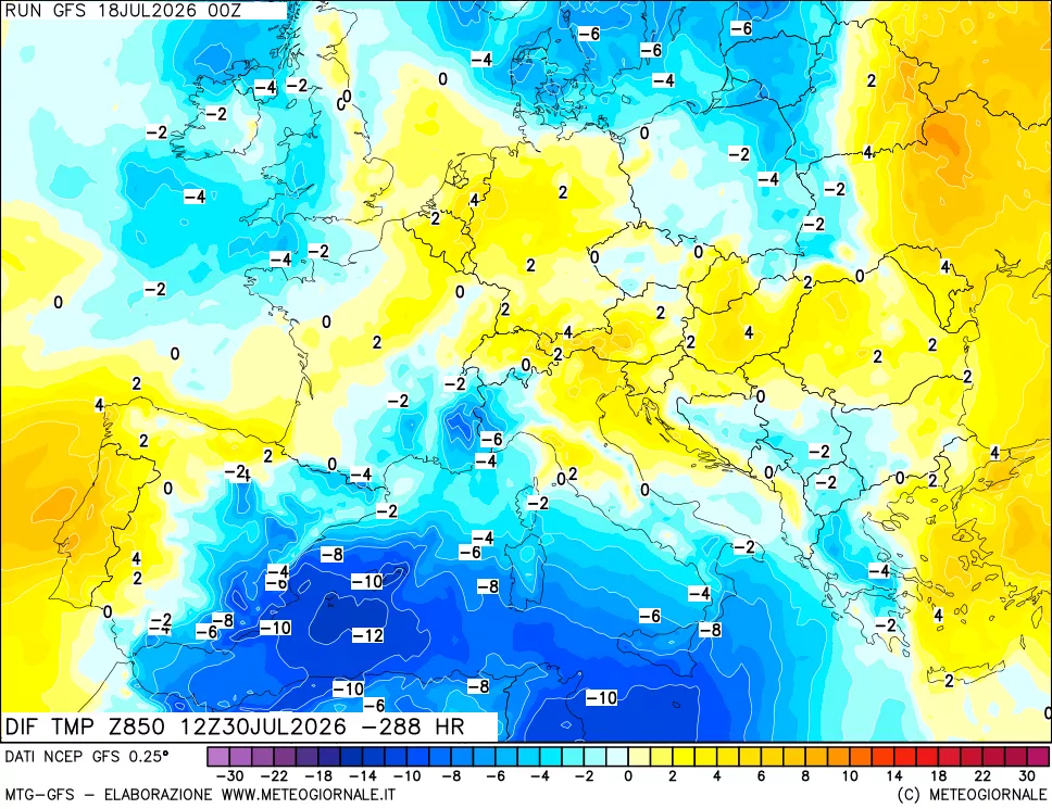mappa Dif. Temp a 850 hPa Valid - Init