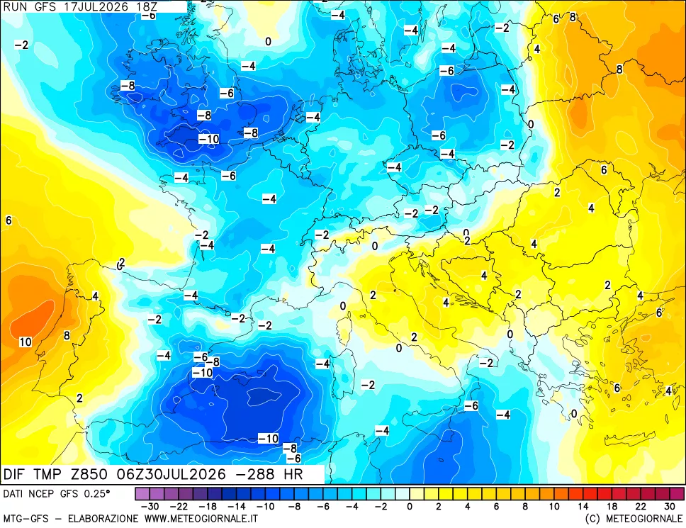mappa Dif. Temp a 850 hPa Valid - Init