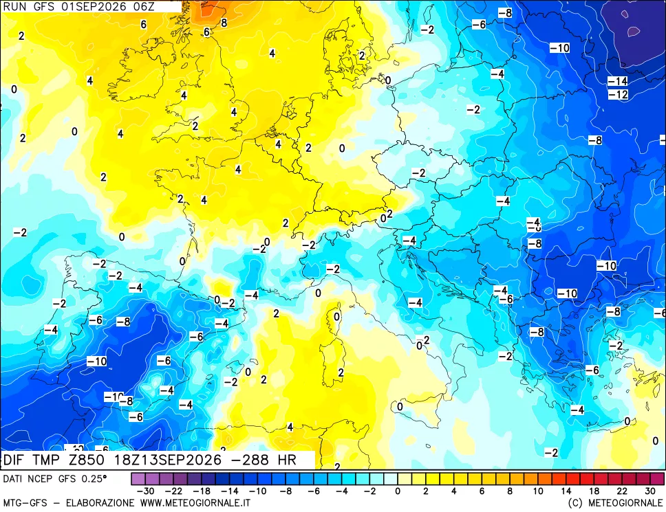 mappa Dif. Temp a 850 hPa Valid - Init