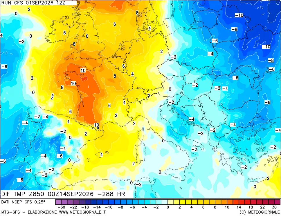mappa Dif. Temp a 850 hPa Valid - Init
