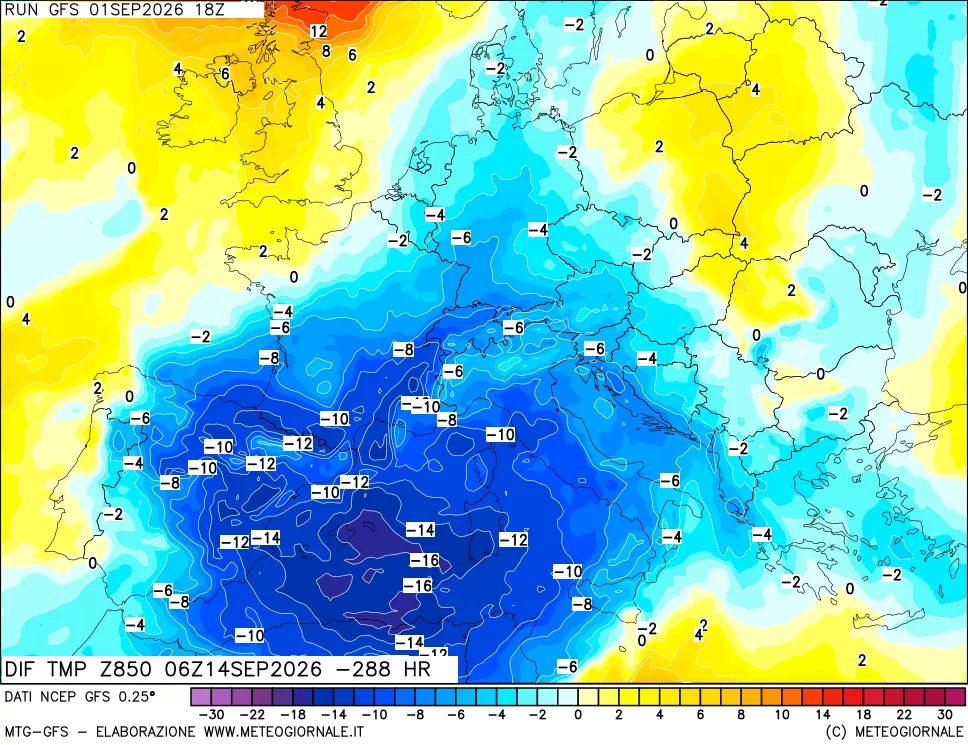 mappa Dif. Temp a 850 hPa Valid - Init