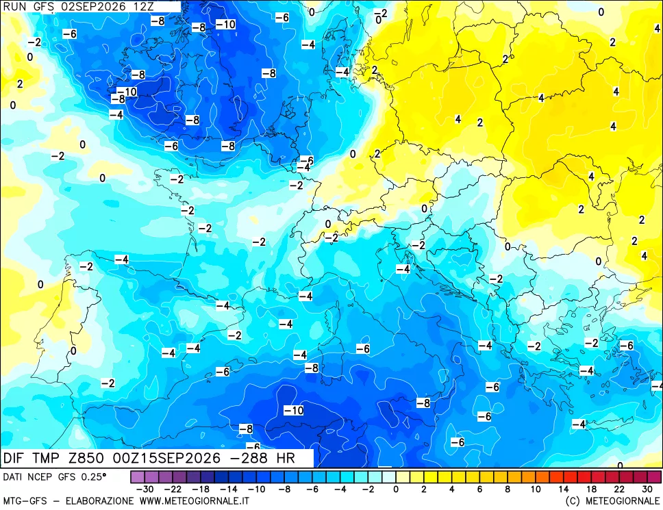 mappa Dif. Temp a 850 hPa Valid - Init