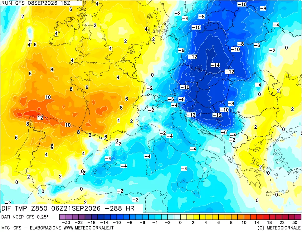 mappa Dif. Temp a 850 hPa Valid - Init
