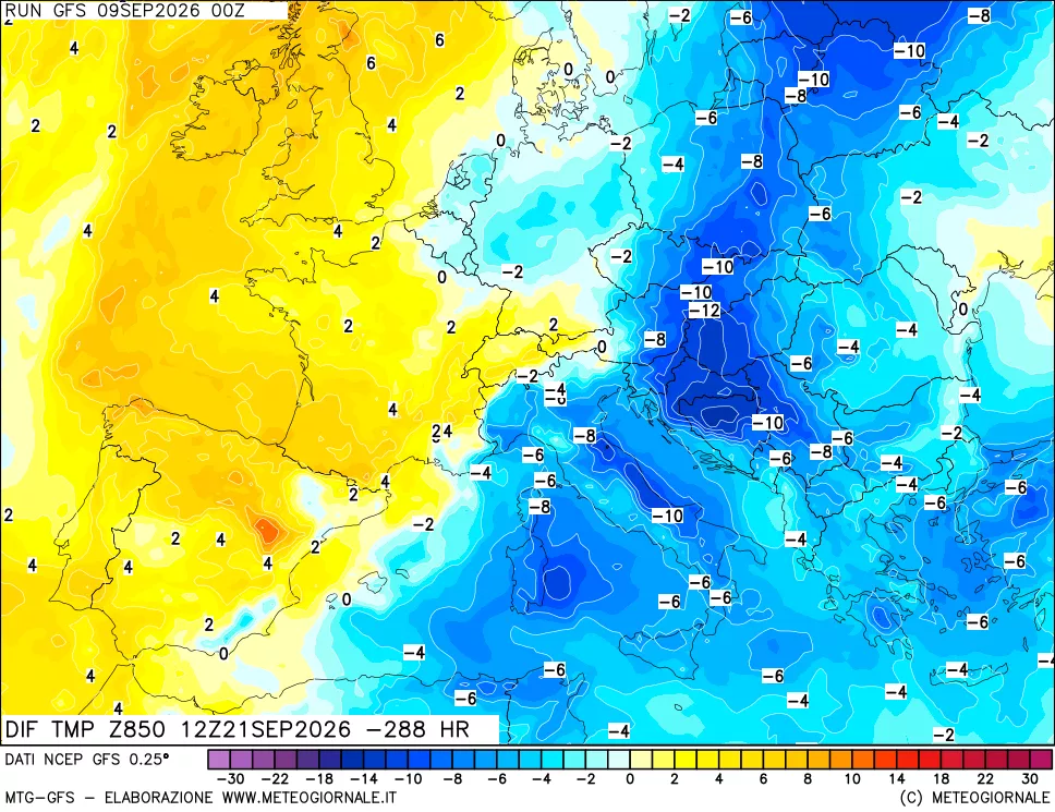 mappa Dif. Temp a 850 hPa Valid - Init