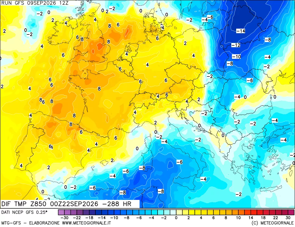 mappa Dif. Temp a 850 hPa Valid - Init