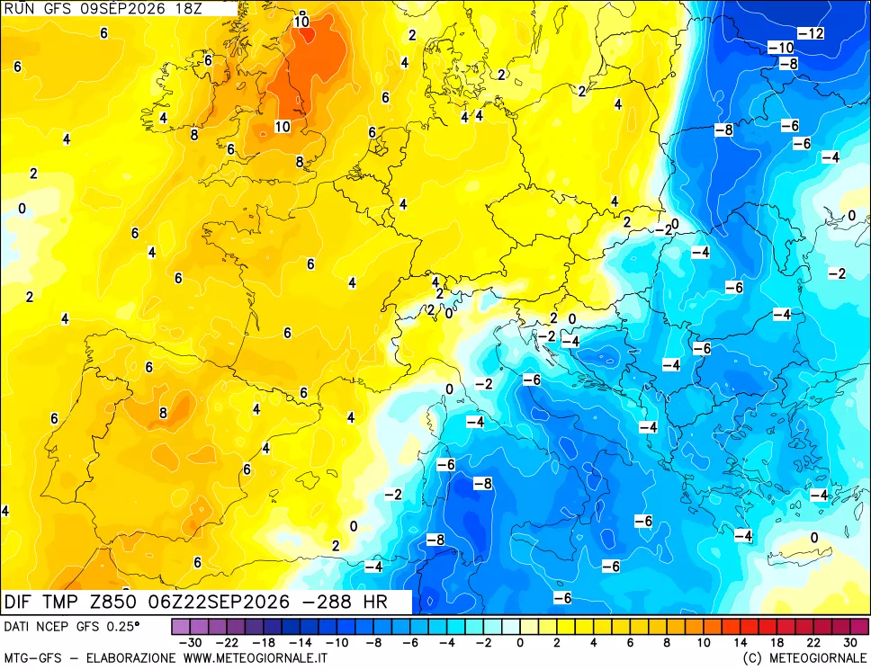 mappa Dif. Temp a 850 hPa Valid - Init