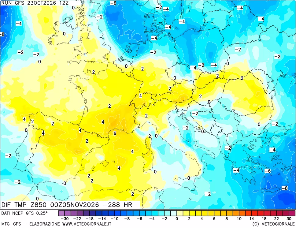 mappa Dif. Temp a 850 hPa Valid - Init