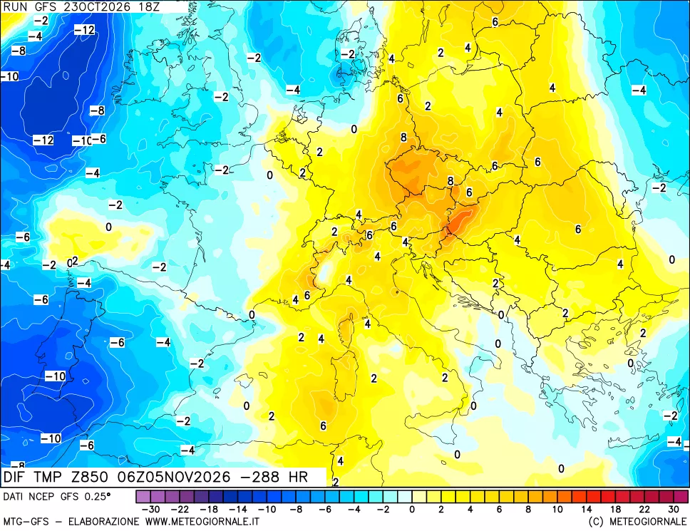 mappa Dif. Temp a 850 hPa Valid - Init
