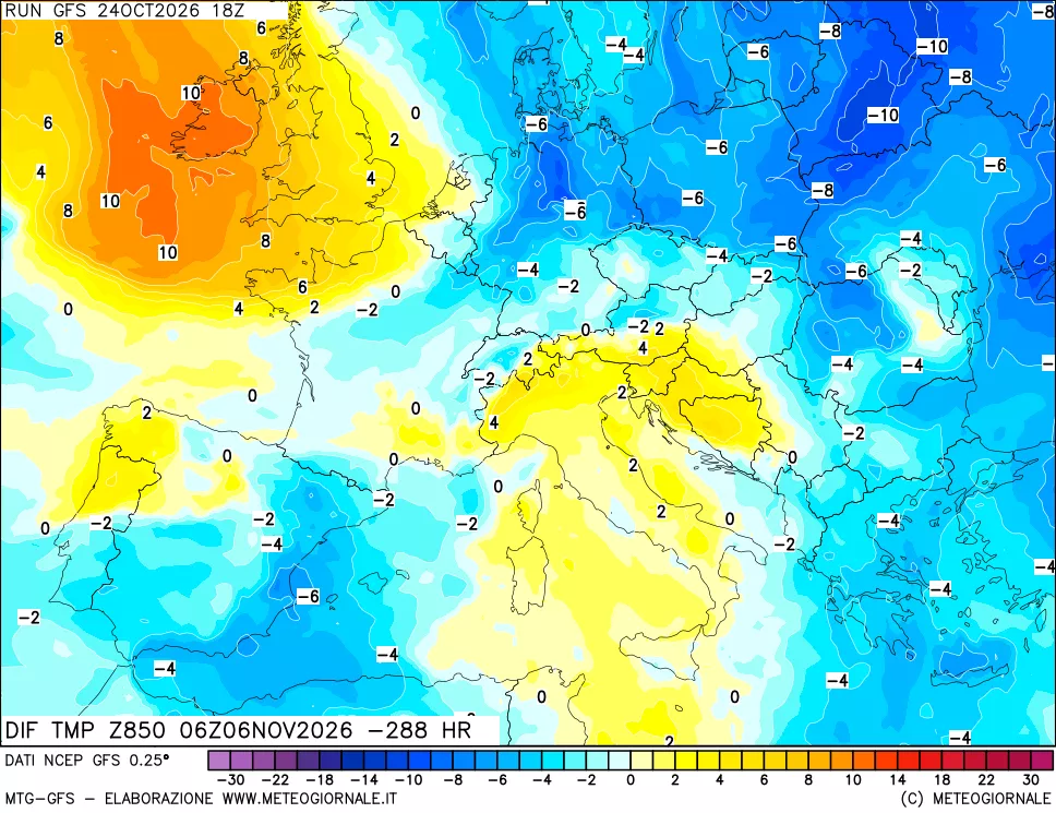 mappa Dif. Temp a 850 hPa Valid - Init