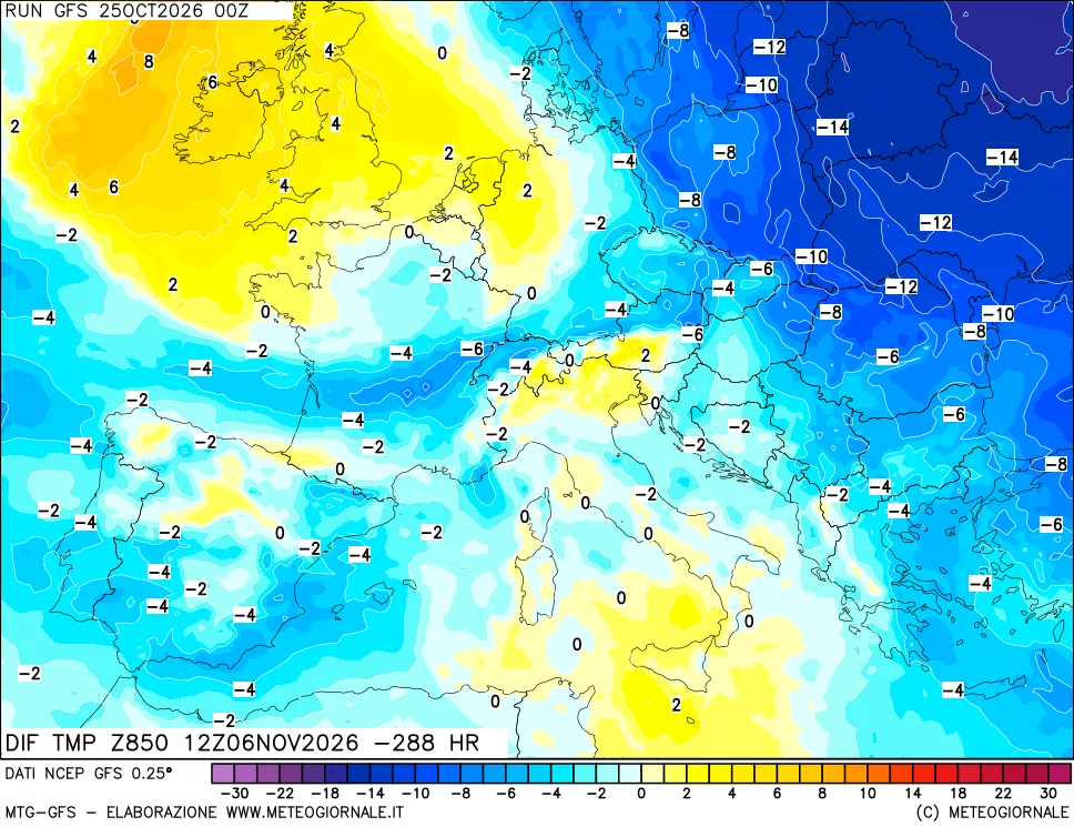 mappa Dif. Temp a 850 hPa Valid - Init