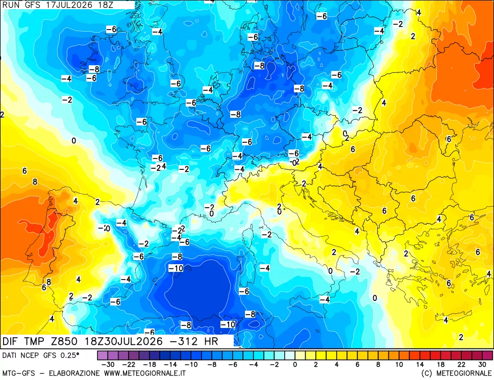 mappa Dif. Temp a 850 hPa Valid - Init