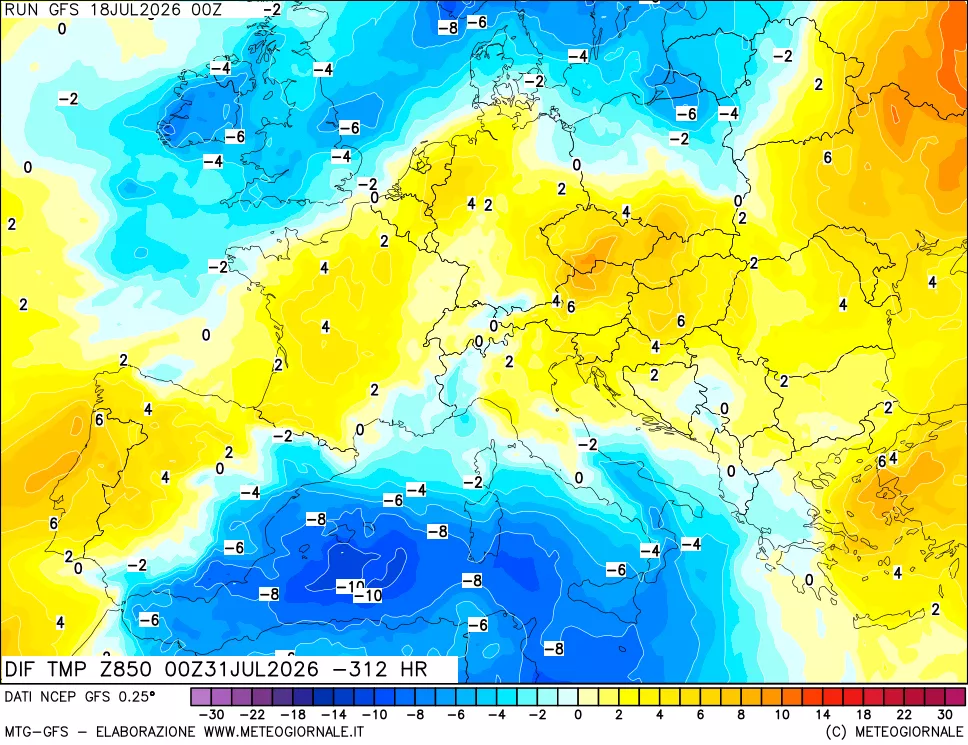 mappa Dif. Temp a 850 hPa Valid - Init