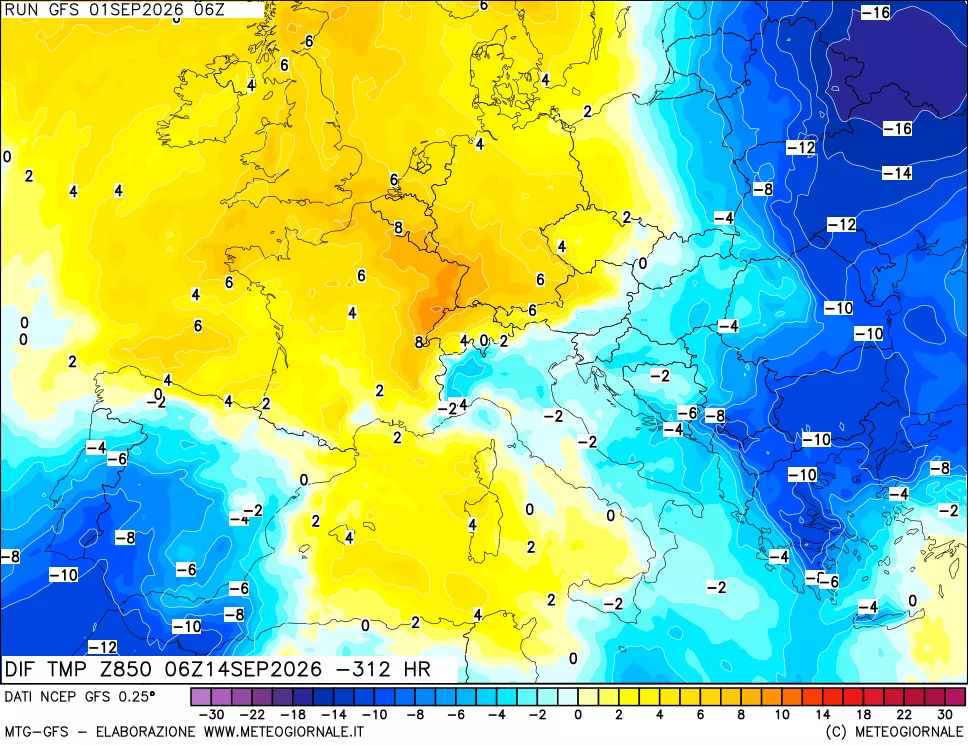 mappa Dif. Temp a 850 hPa Valid - Init