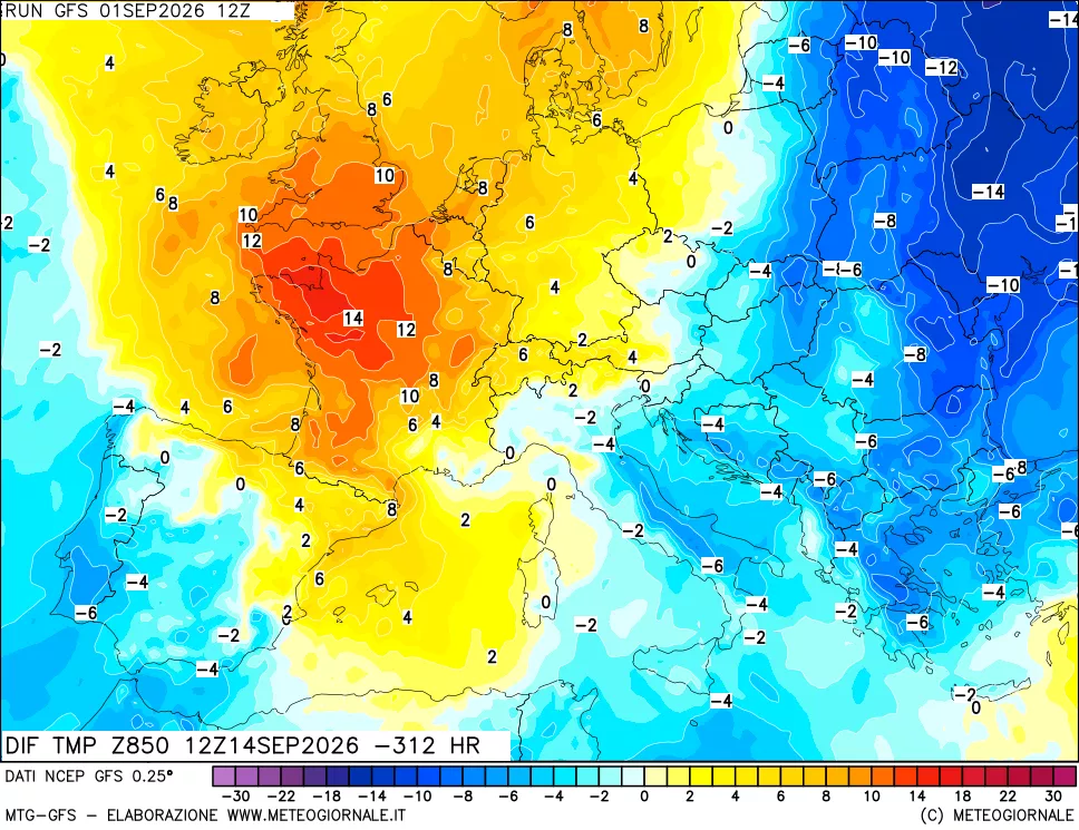 mappa Dif. Temp a 850 hPa Valid - Init