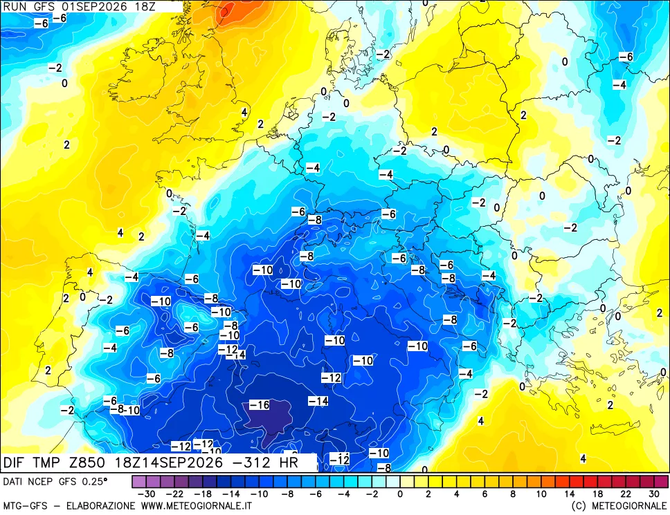 mappa Dif. Temp a 850 hPa Valid - Init